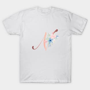 Letter N Rose Gold and Watercolor Blush Pink and Navy T-Shirt